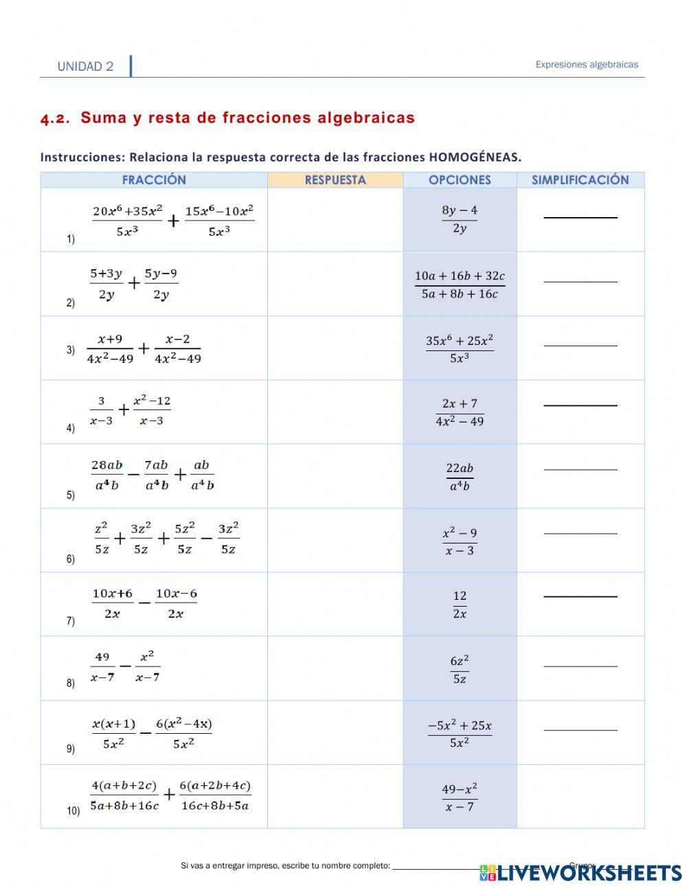 II.4.2. Suma y resta de fracciones algebraicas