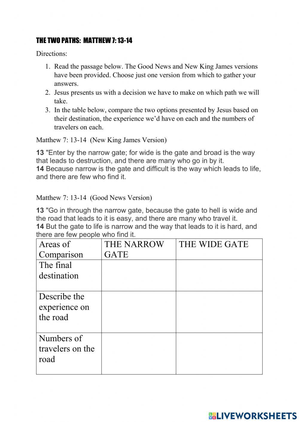 Narrow and wide gate comparison online exercise for live worksheets