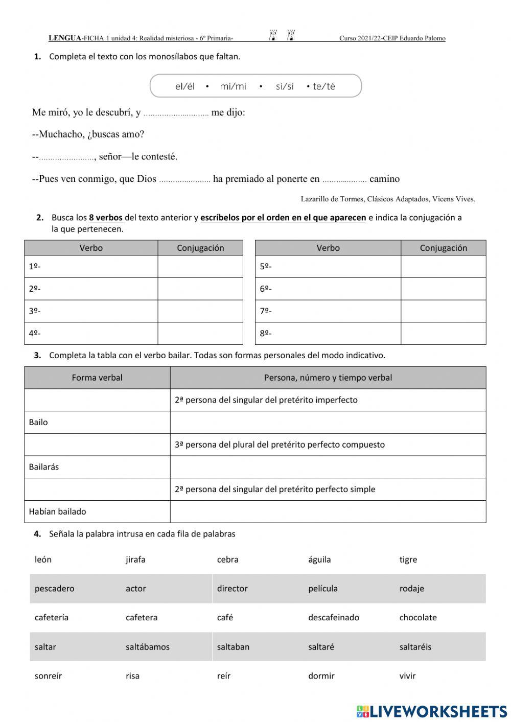 Verbos- Ficha unidad 4 de lengua- 6º Primaria
