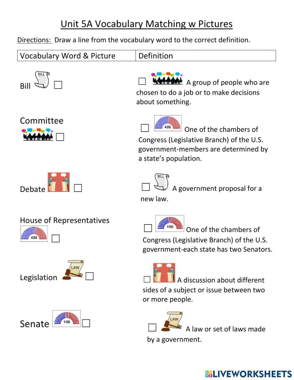 Unit 5A How a Bill Becomes a Law Vocabulary Matching with Pictures