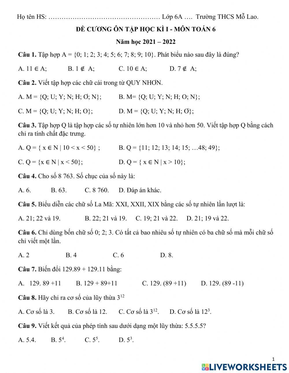 Trắc nghiệm HK1 Toán 6 ĐC 1