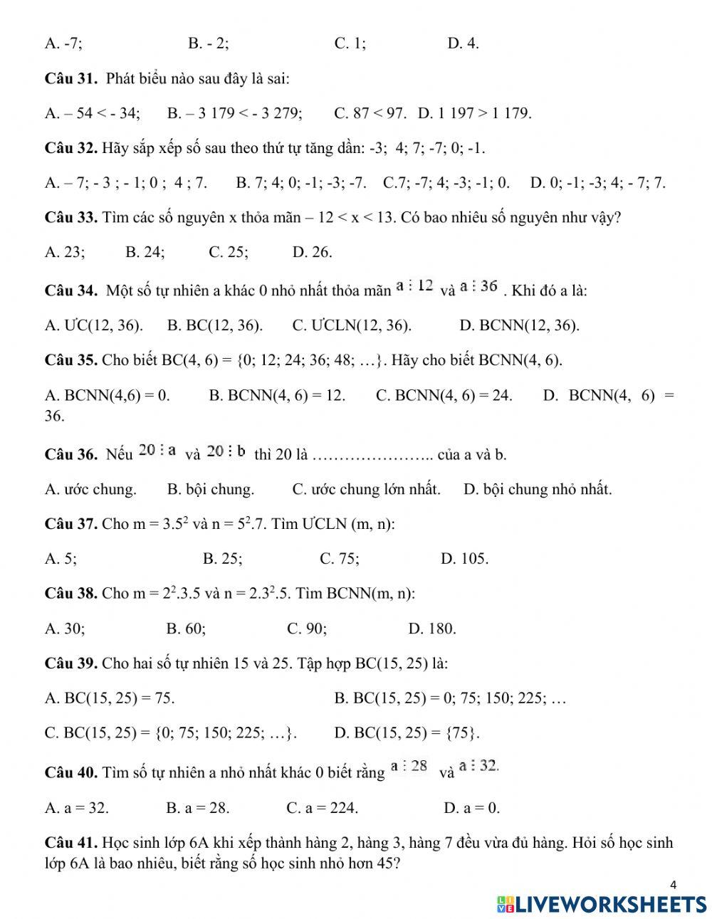 Trắc nghiệm HK1 Toán 6 ĐC 1