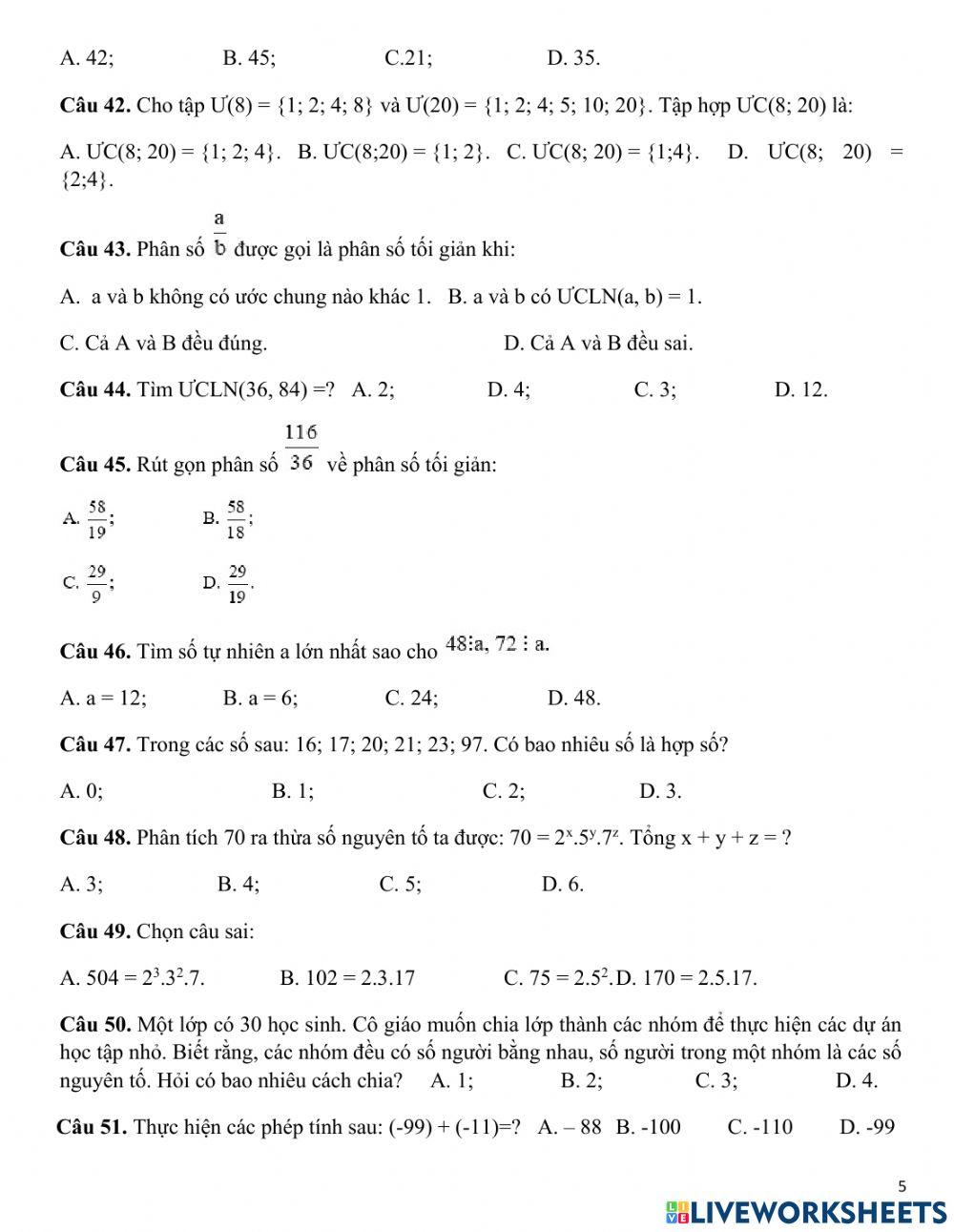 Trắc nghiệm HK1 Toán 6 ĐC 1