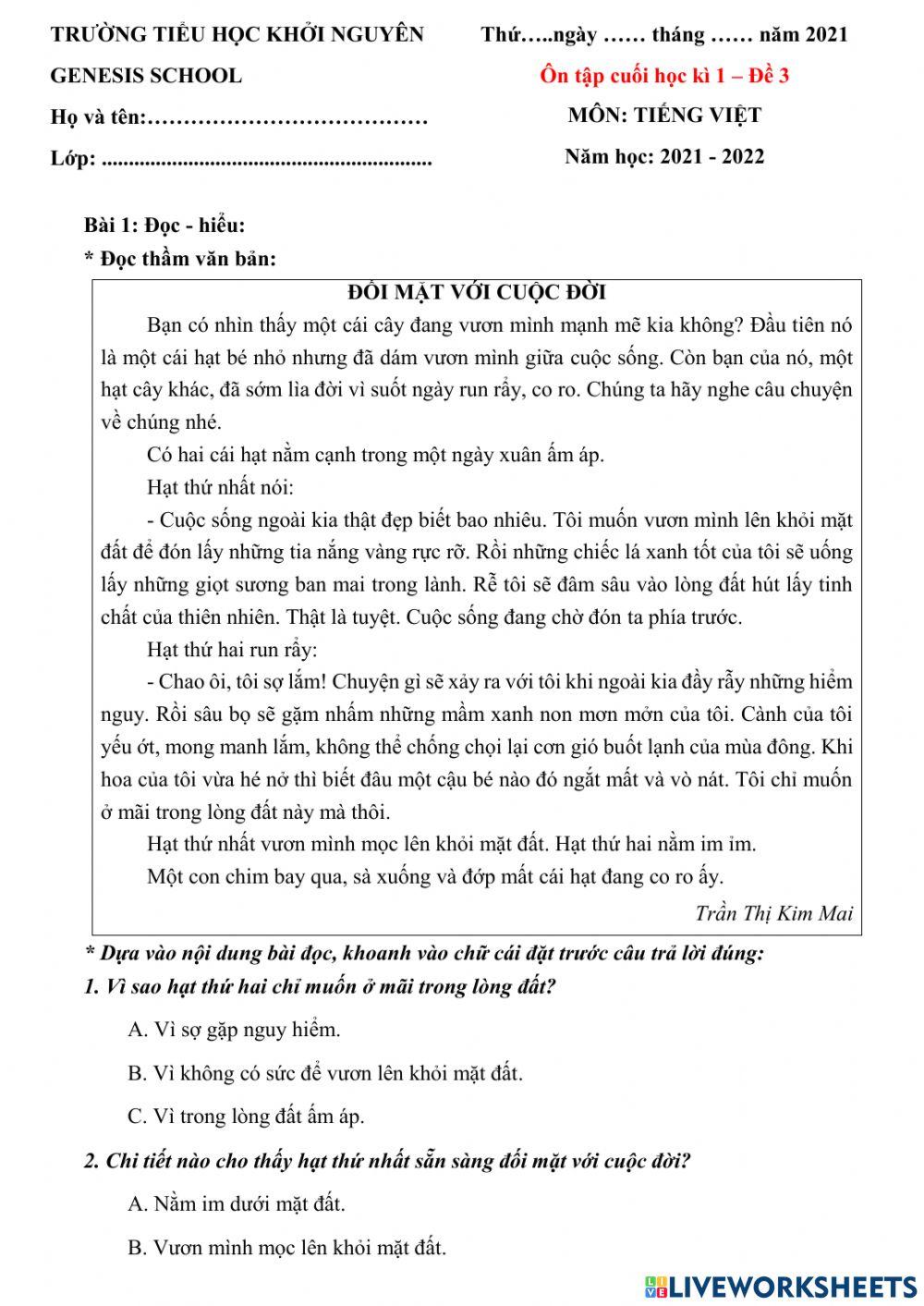 Ôn tập cuối học kì 1 - TV đề 3