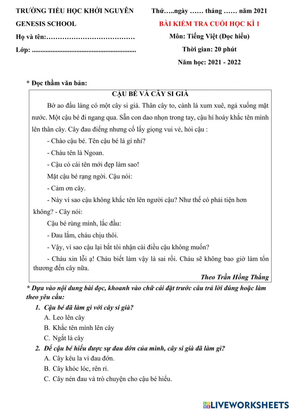 Kiểm tra cuối học kì 1 - Môn Tiếng Việt