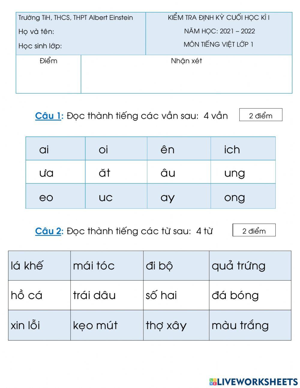 Đề Đánh giá cuối HK1-TV - Đọc - Lớp 1