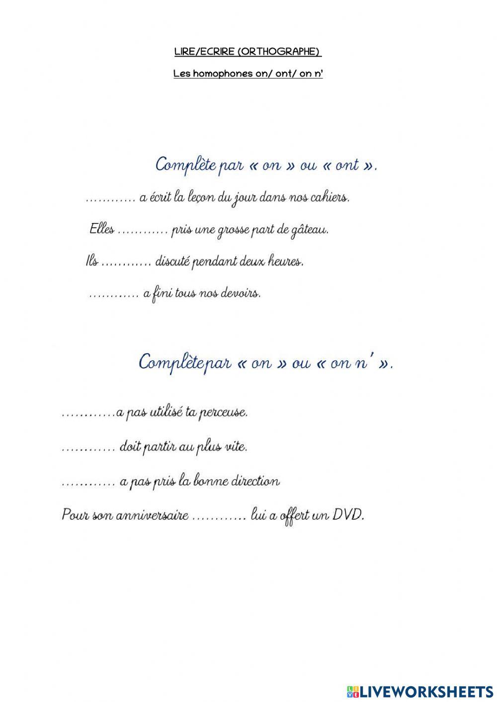 HOMOPHONES ON ONT ON N'