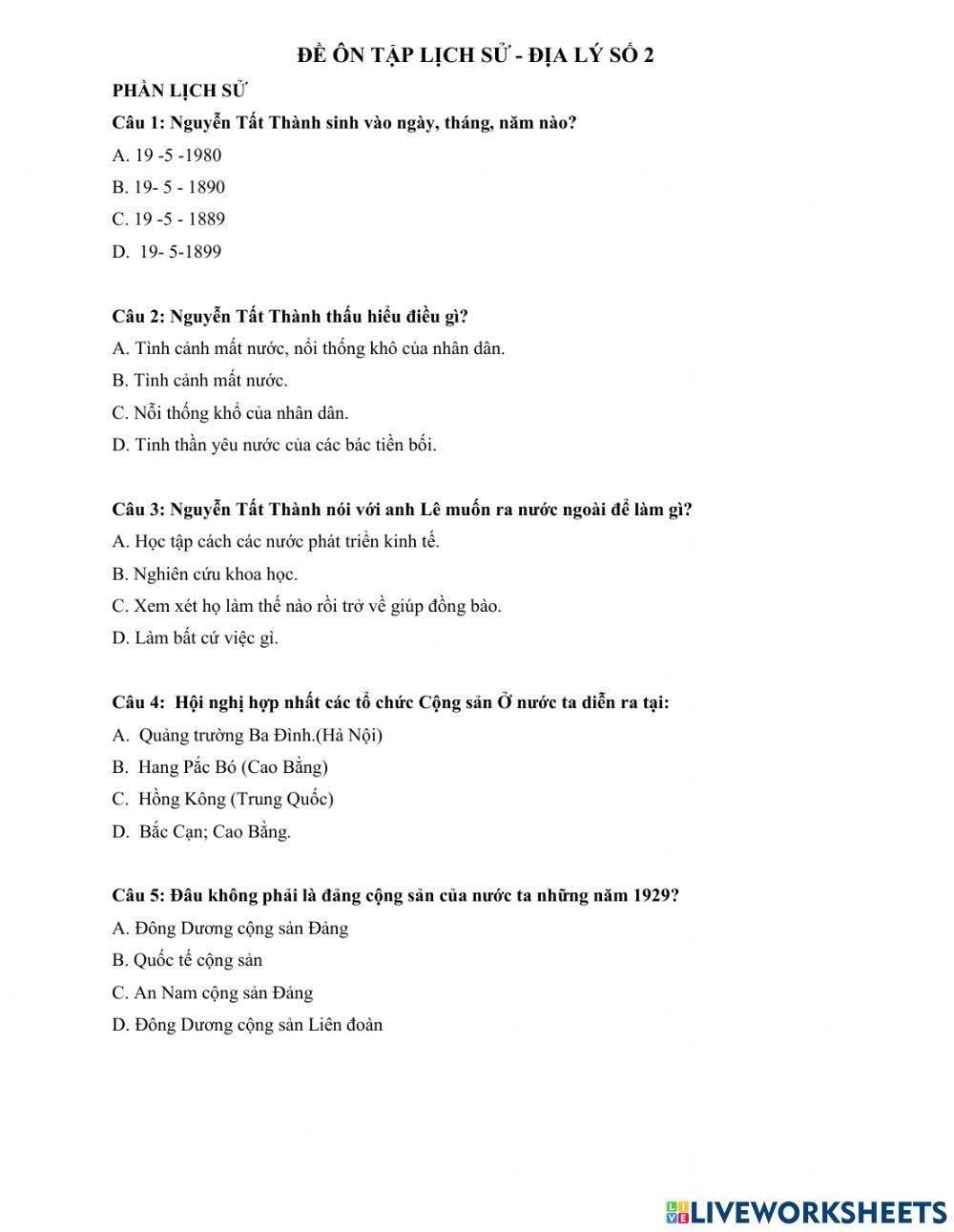 Đề ôn tập cuối học kì I môn Lịch Sử - Địa Lí