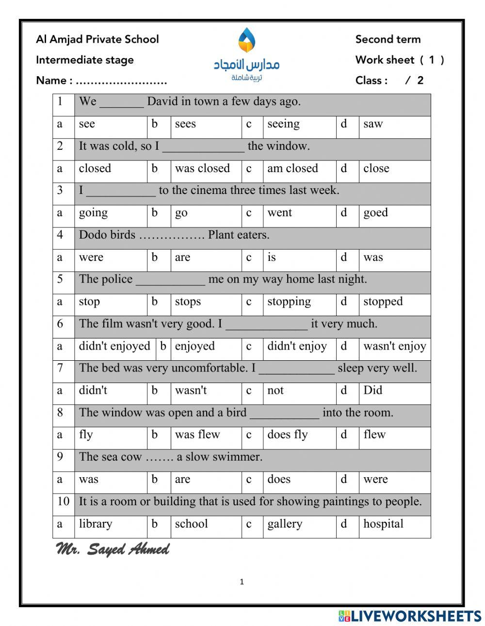 worksheet 1 on unit 6 online exercise for Live Worksheets