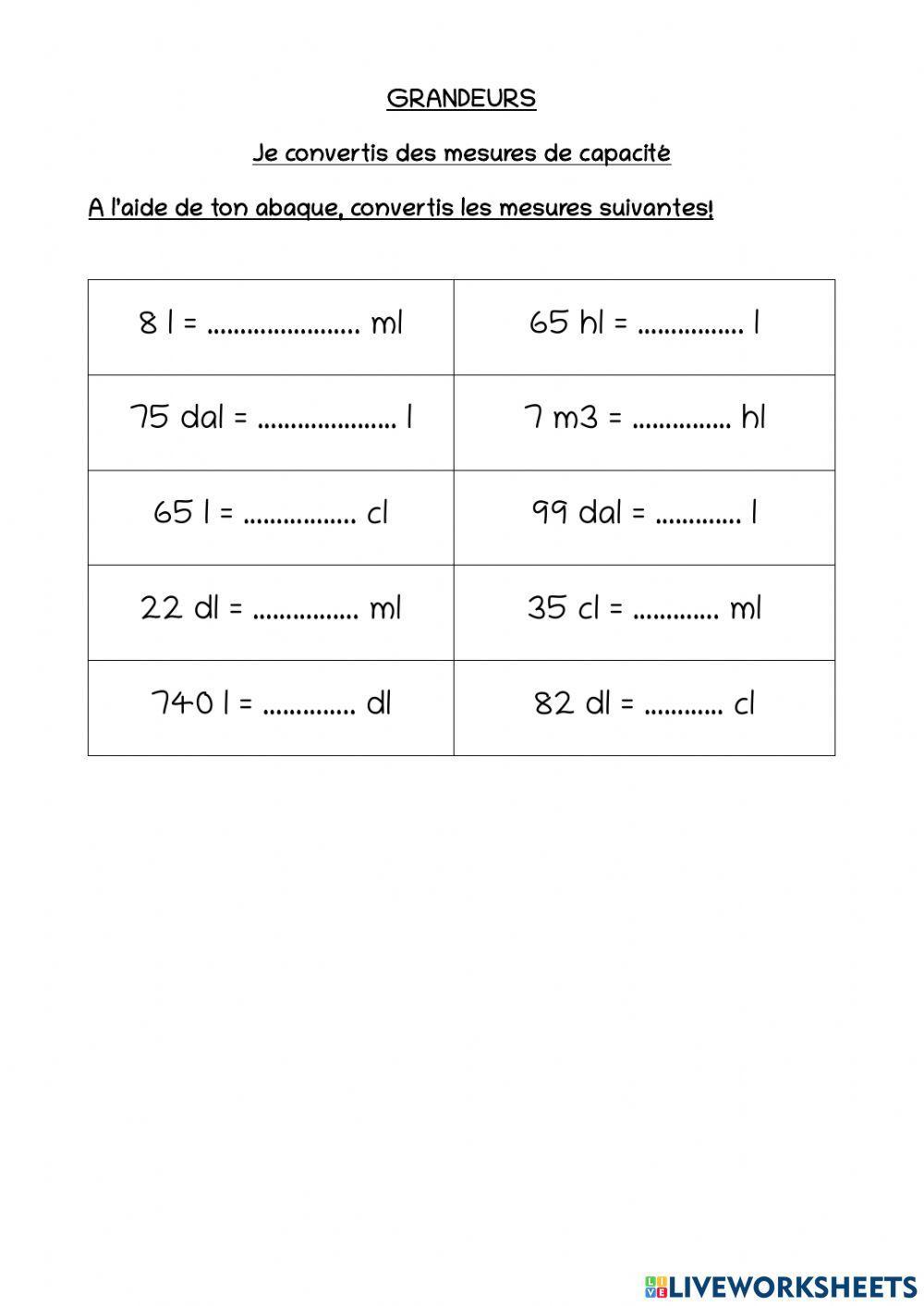 Conversion mesures capacités sans virgule