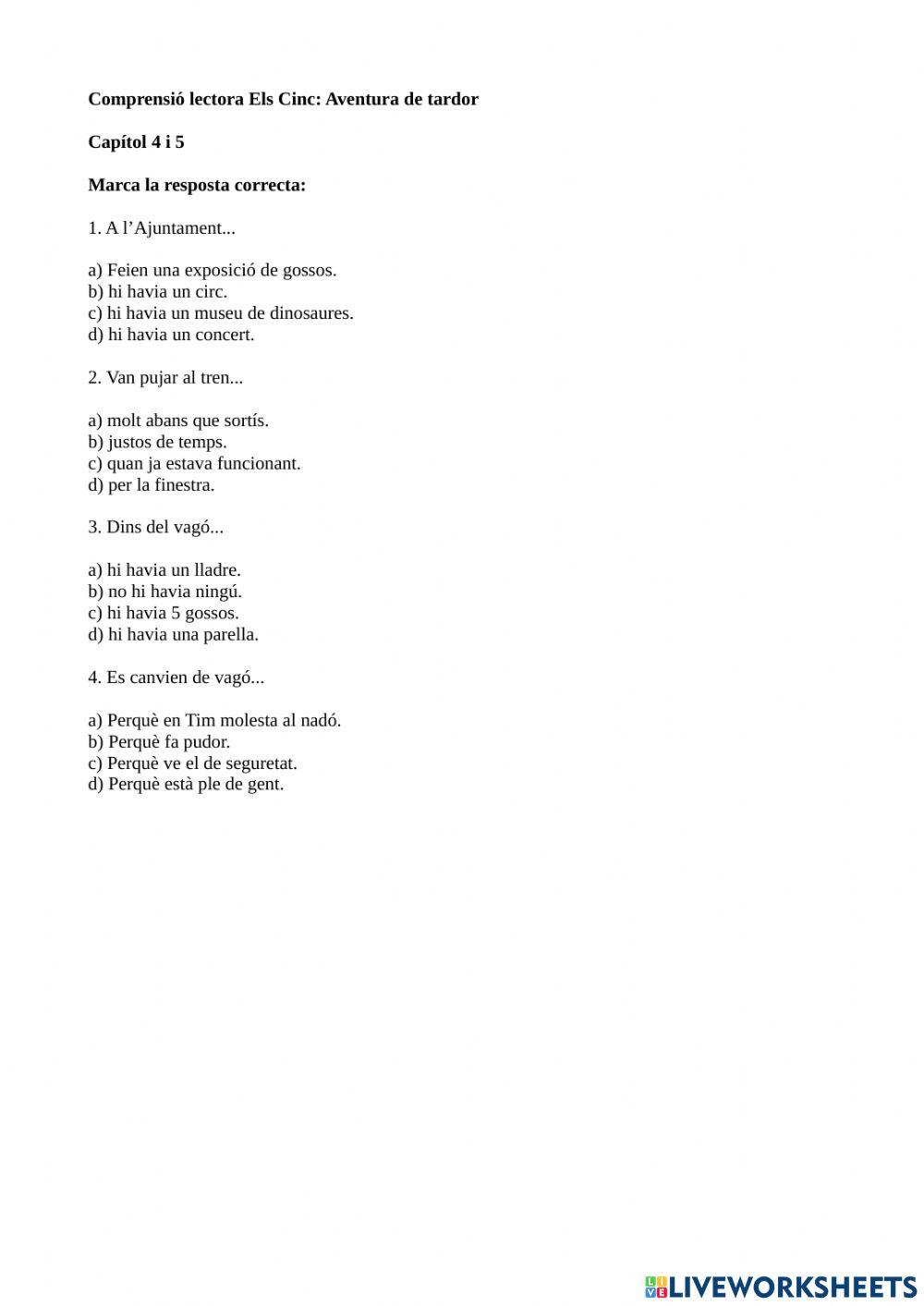 Comprensió lectora Els 5 Aventura de tardor Capítols 4 i 5