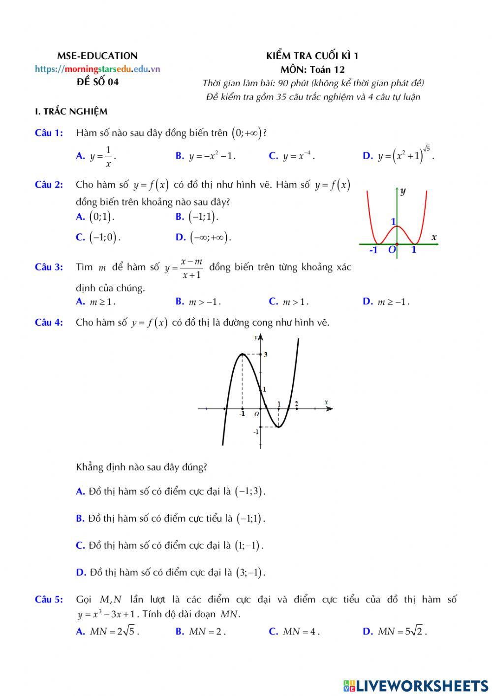 Toán 12 - Kiểm tra CK1 - Đề số 04 (PBC)