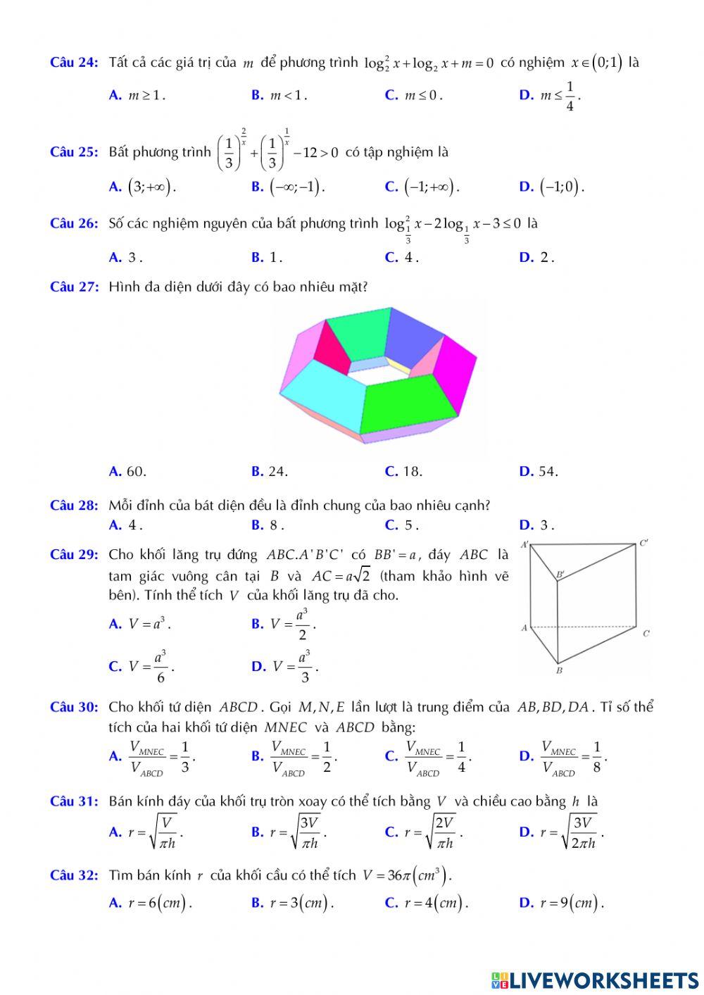 Toán 12 - Kiểm tra CK1 - Đề số 04 (PBC)