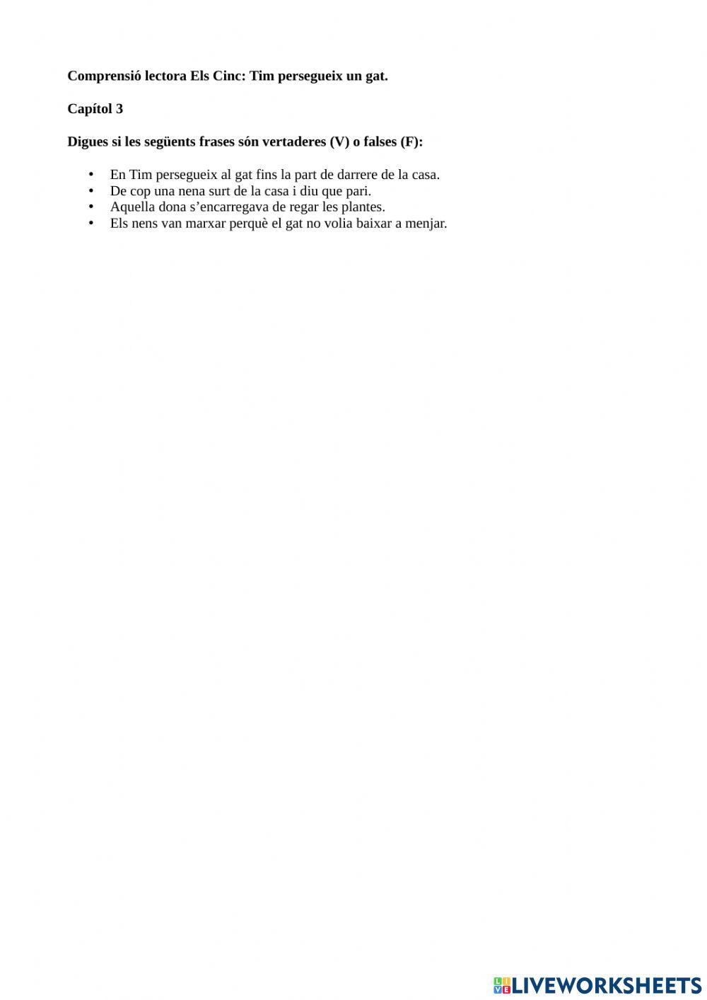 Comprensió lectora Els 5 En TIm persegueix un gat Capítol 3