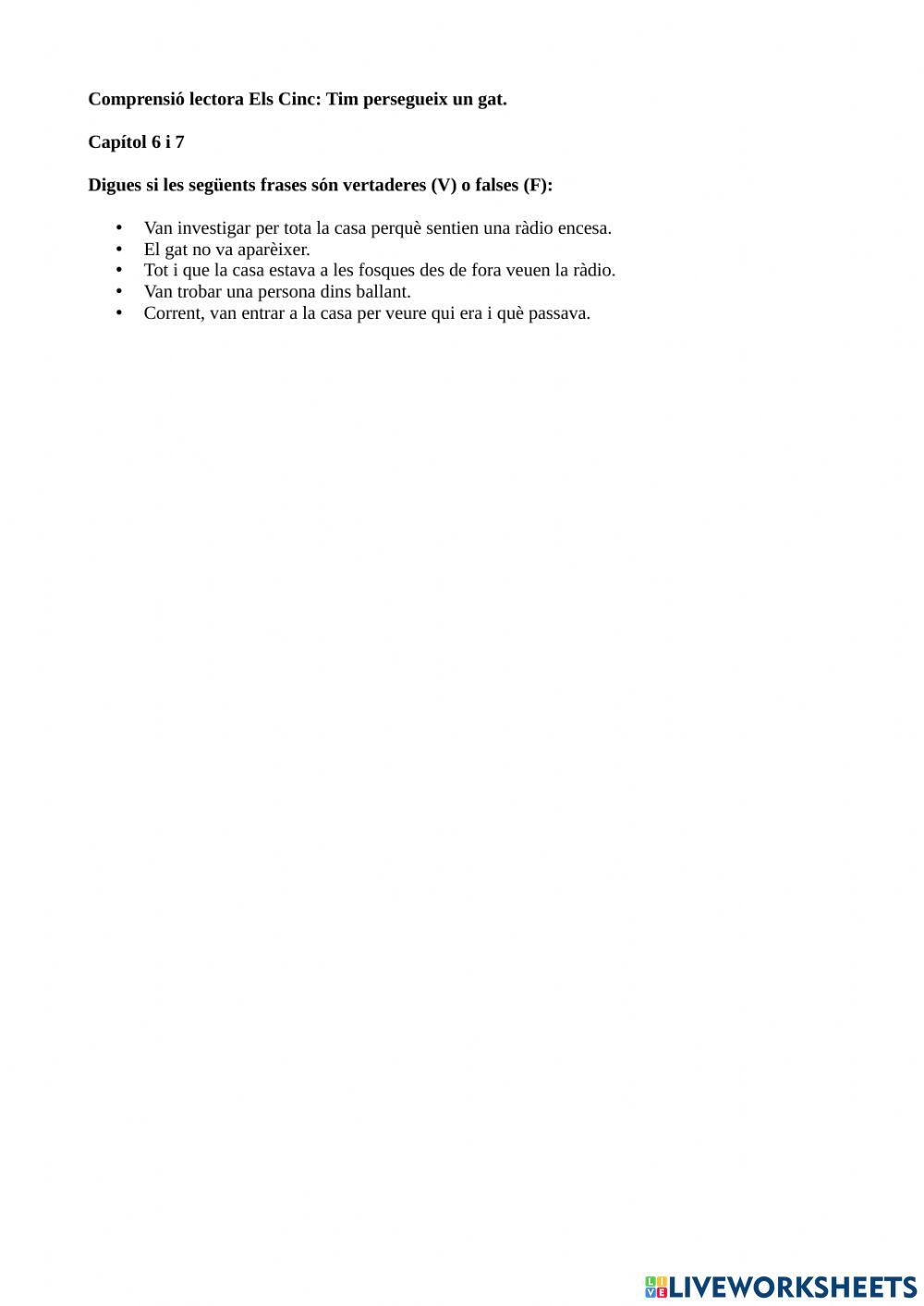 Comprensió lectora Els 5 En Tim persegueix un gat Capítol 6i7