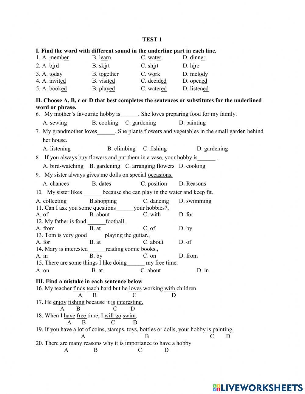 English 7 test 15minutes No. 3