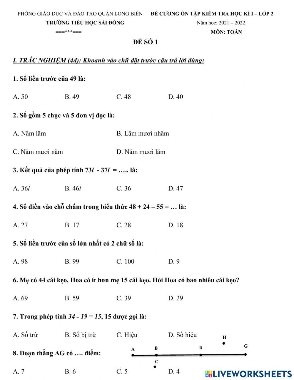 Đề ôn tập toán cuối HK số 1