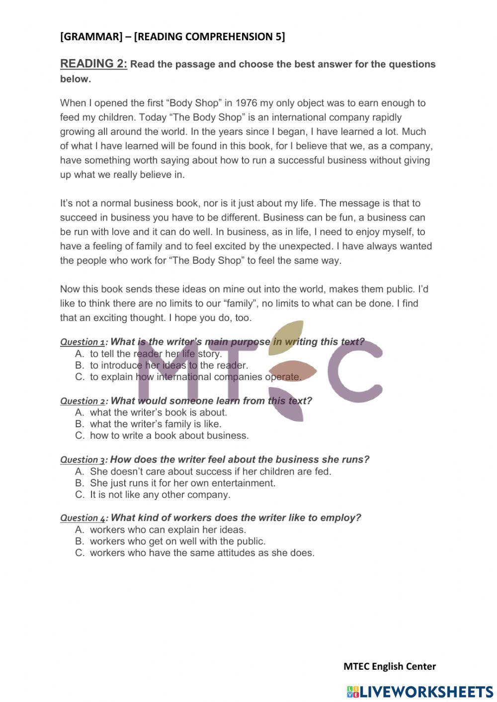 Grammar - reading comprehension 5