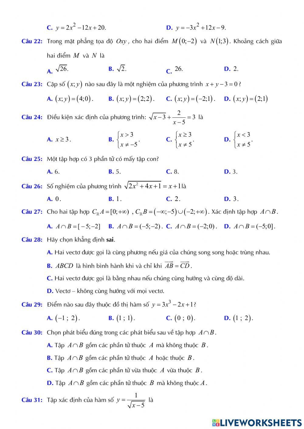 Toán 10 - Kiểm tra CK1 - Đề số 03 (100-TN)