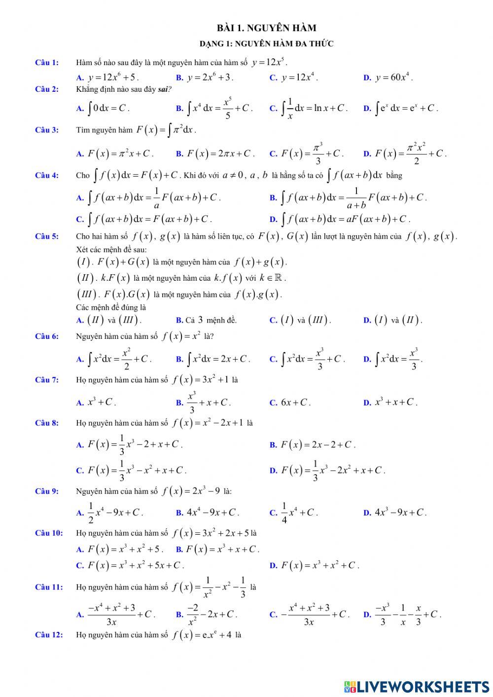 Giải tích 12 - Chương 3 - Bài 1. Nguyên hàm