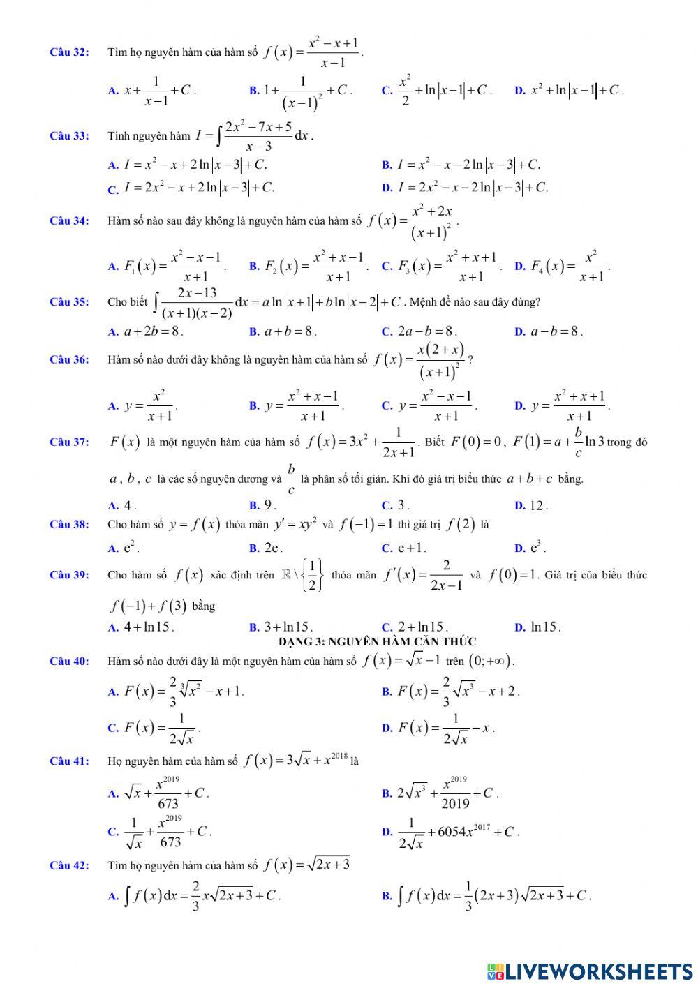 Giải tích 12 - Chương 3 - Bài 1. Nguyên hàm