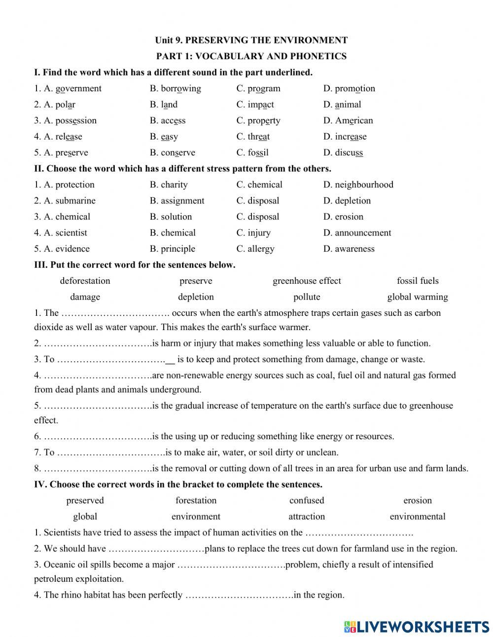 Unit 9. PRESERVING THE ENVIRONMENT  PART 1: VOCABULARY AND PHONETICS