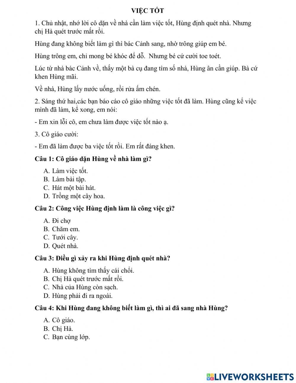 Bài đọc Việc tốt