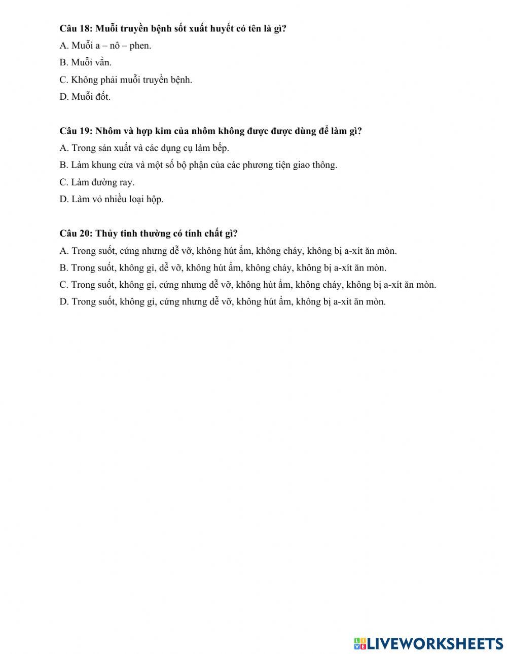 Đề ôn tập cuối học kì I Khoa học