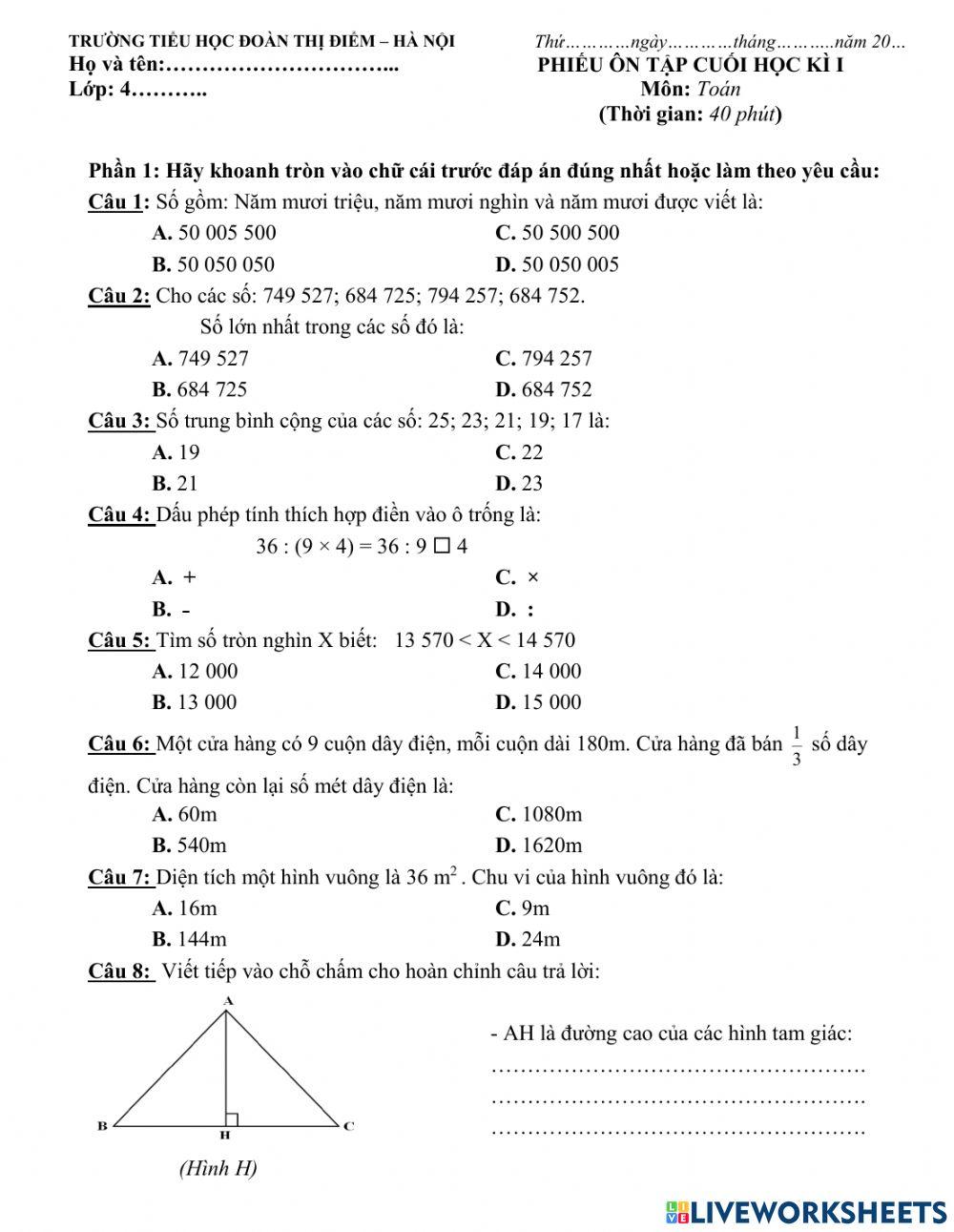 Ôn tập toán cuối kì 1