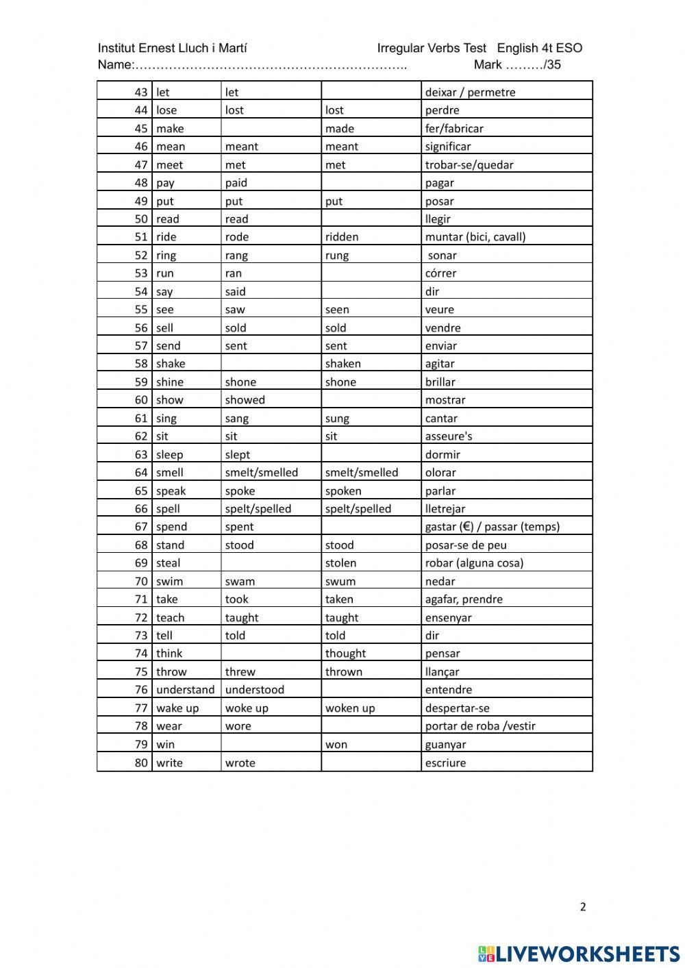 Test Irregular Verbs (Catalan)