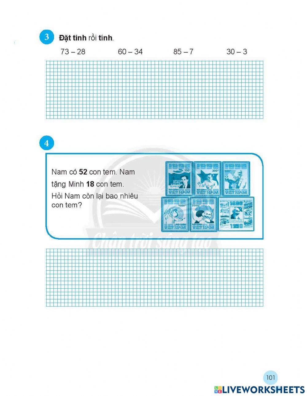 Phiếu bài tập toán trang -101-102 lớp 2