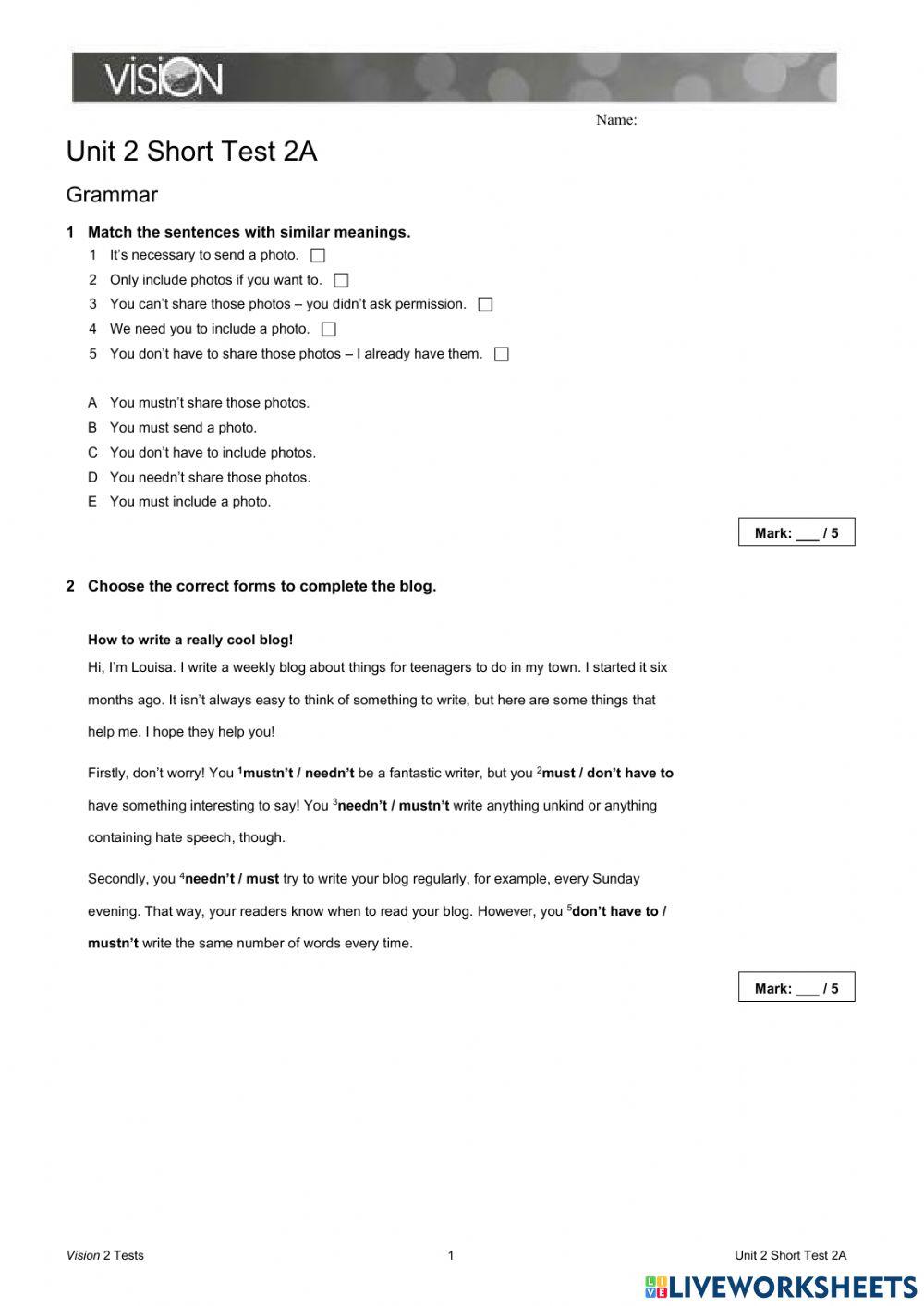 Vision 2 unit 2 short test