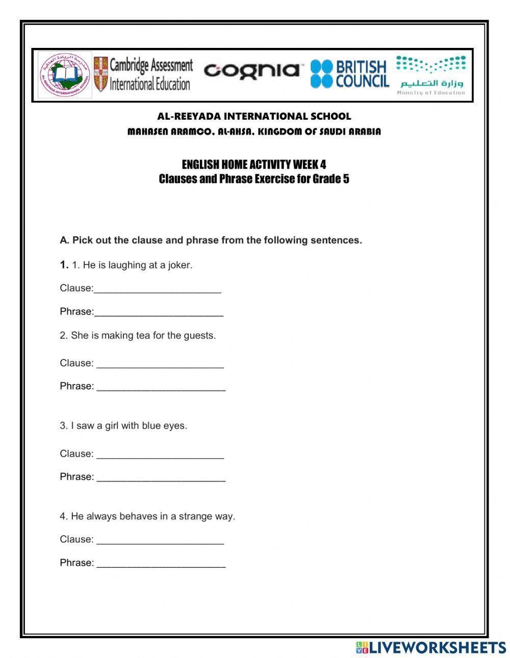 Phrase And Clauses Worksheet Live Worksheets