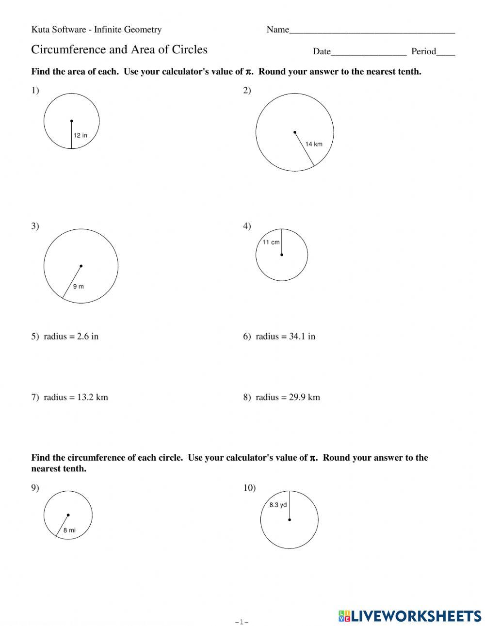 Circumference and area of a circle online exercise for | Live Worksheets