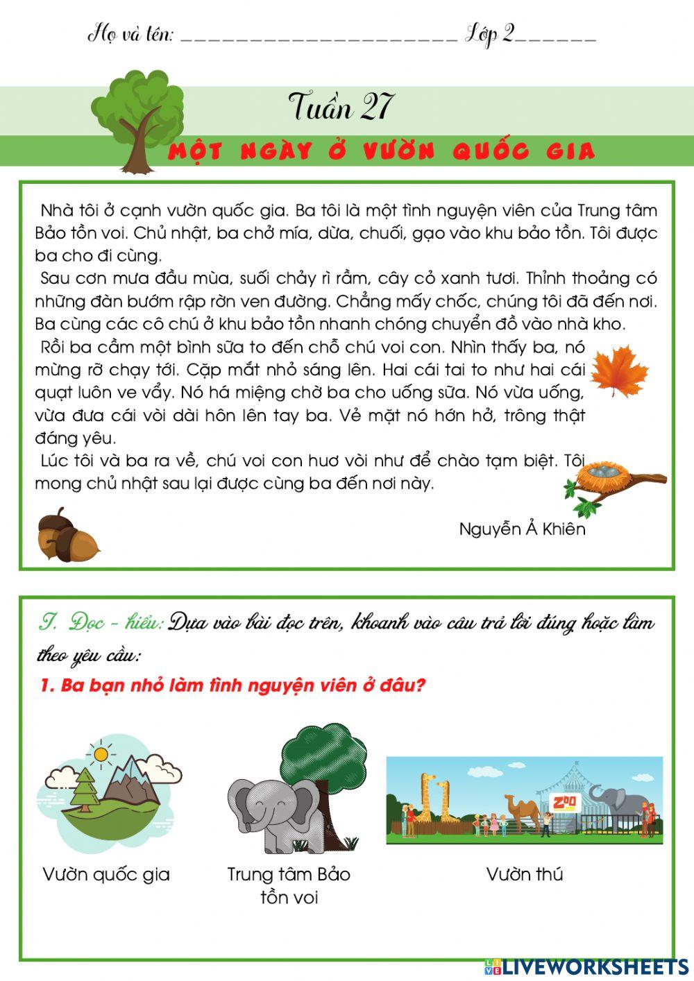 Bài tập cuối tuần 27 TV lớp 2