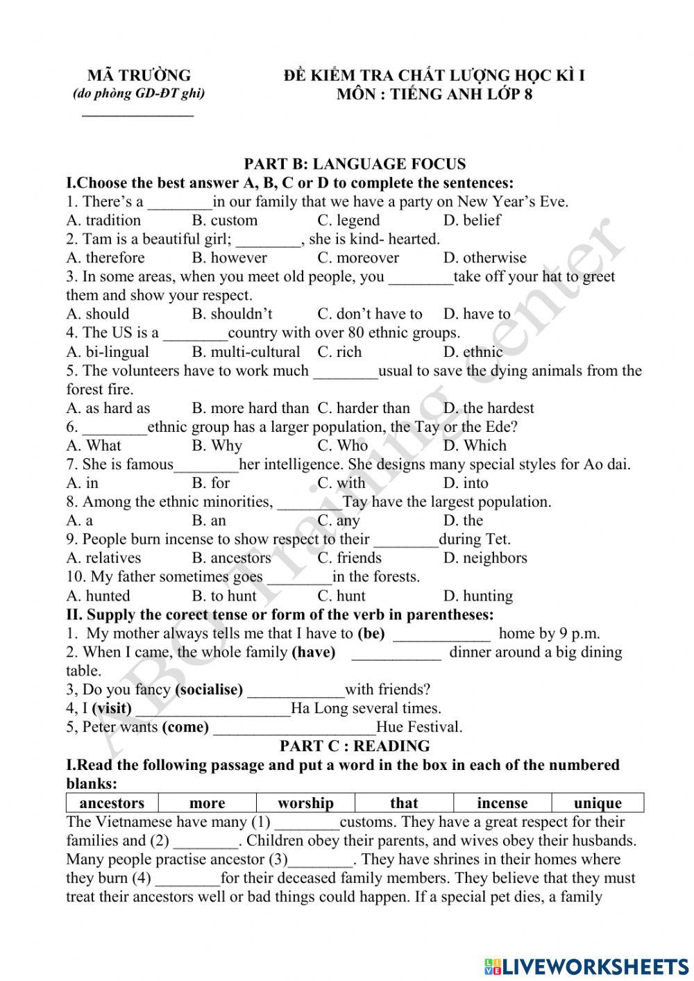 Grade 8 final first term test 2