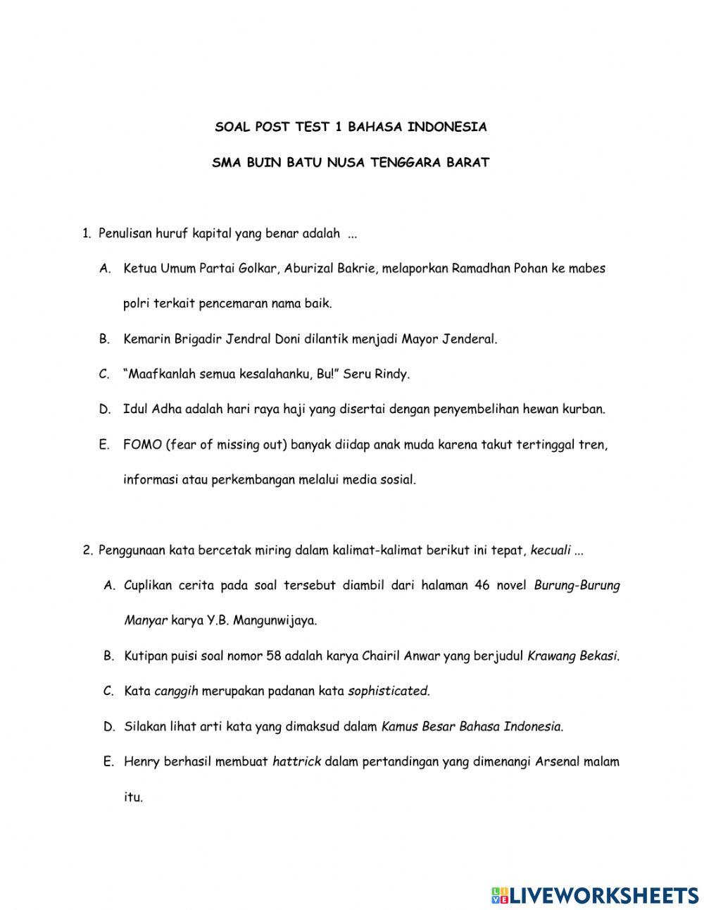 Post Test 1 Bahasa Indonesia SMA Buin Batu