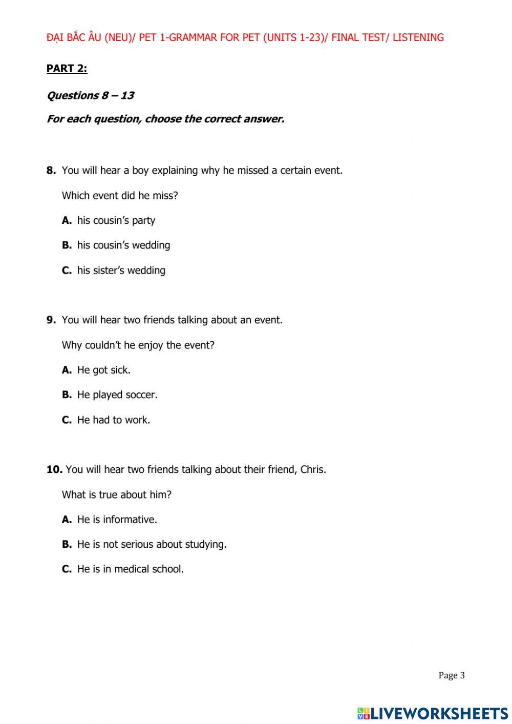 Pet 1 final test- listening