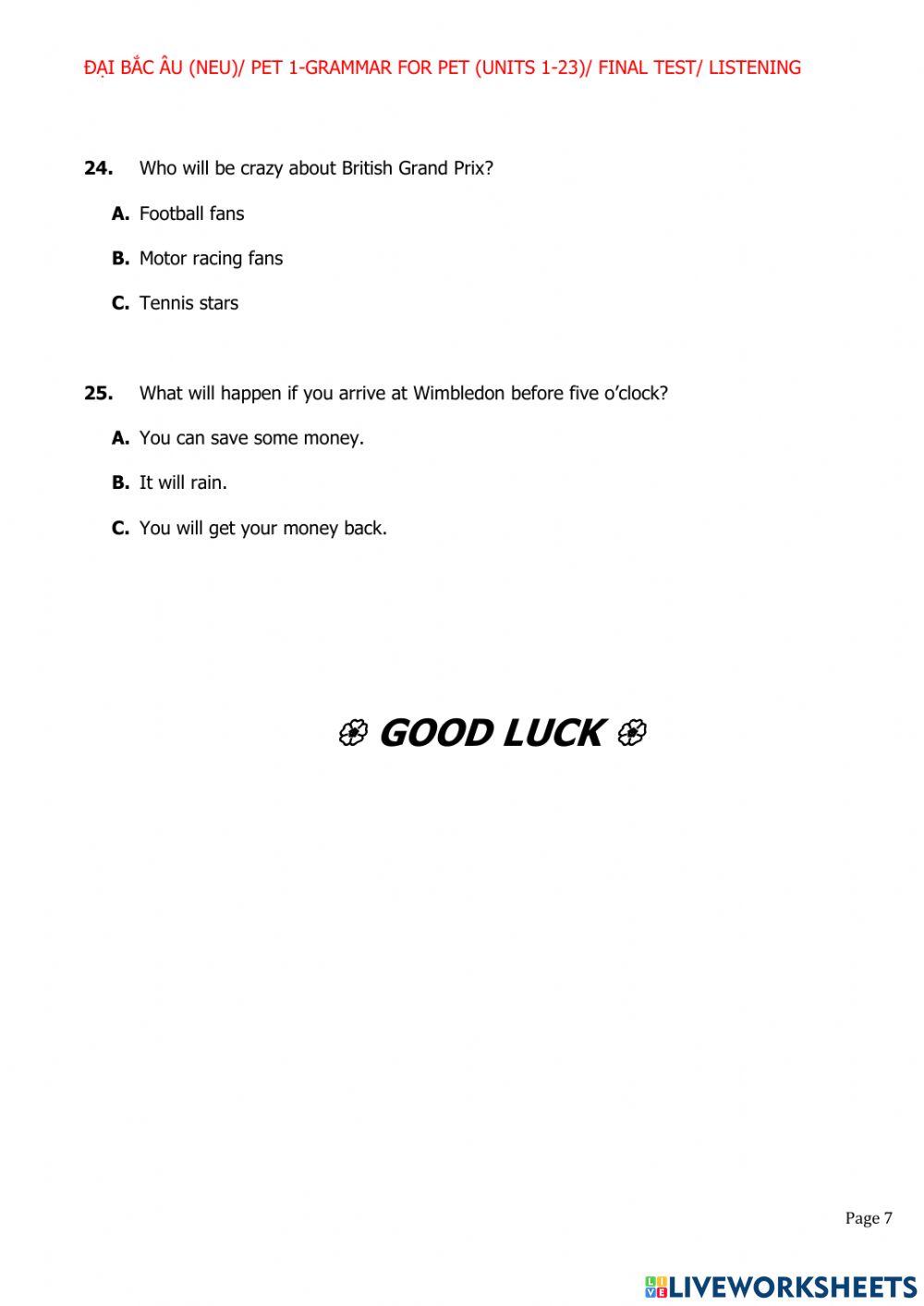 Pet 1 final test- listening