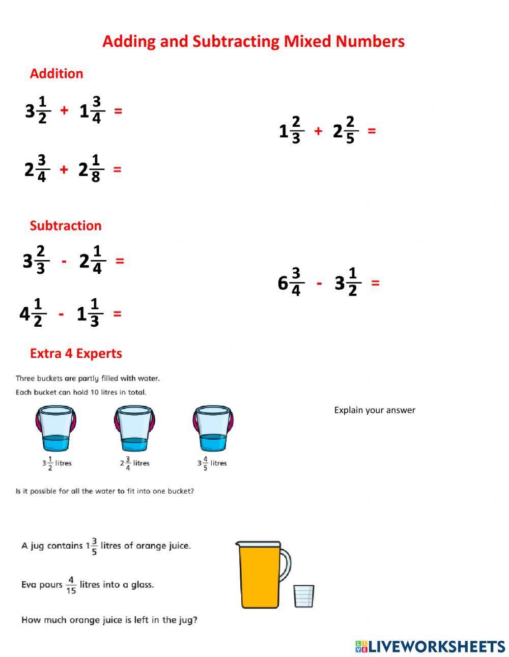 Add and subtract mixed numbers activity Live Worksheets