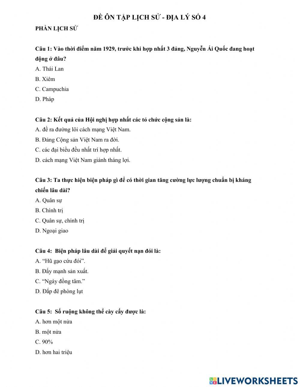 Đề kiểm tra địa lý - lịch sử để 4