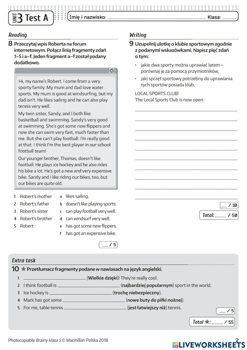 Klasa v test 3 online exercise for live worksheets