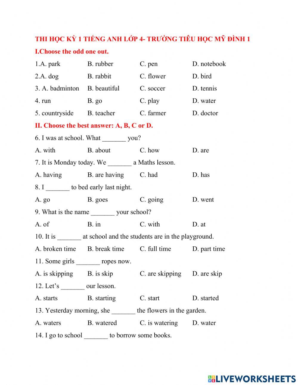 Thi học kỳ 1 tiếng anh lớp 4