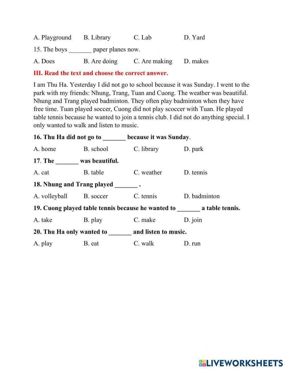 Thi học kỳ 1 tiếng anh lớp 4