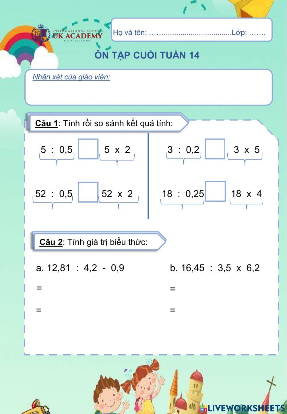 Toán 5 - Ôn tập cuối tuần 14