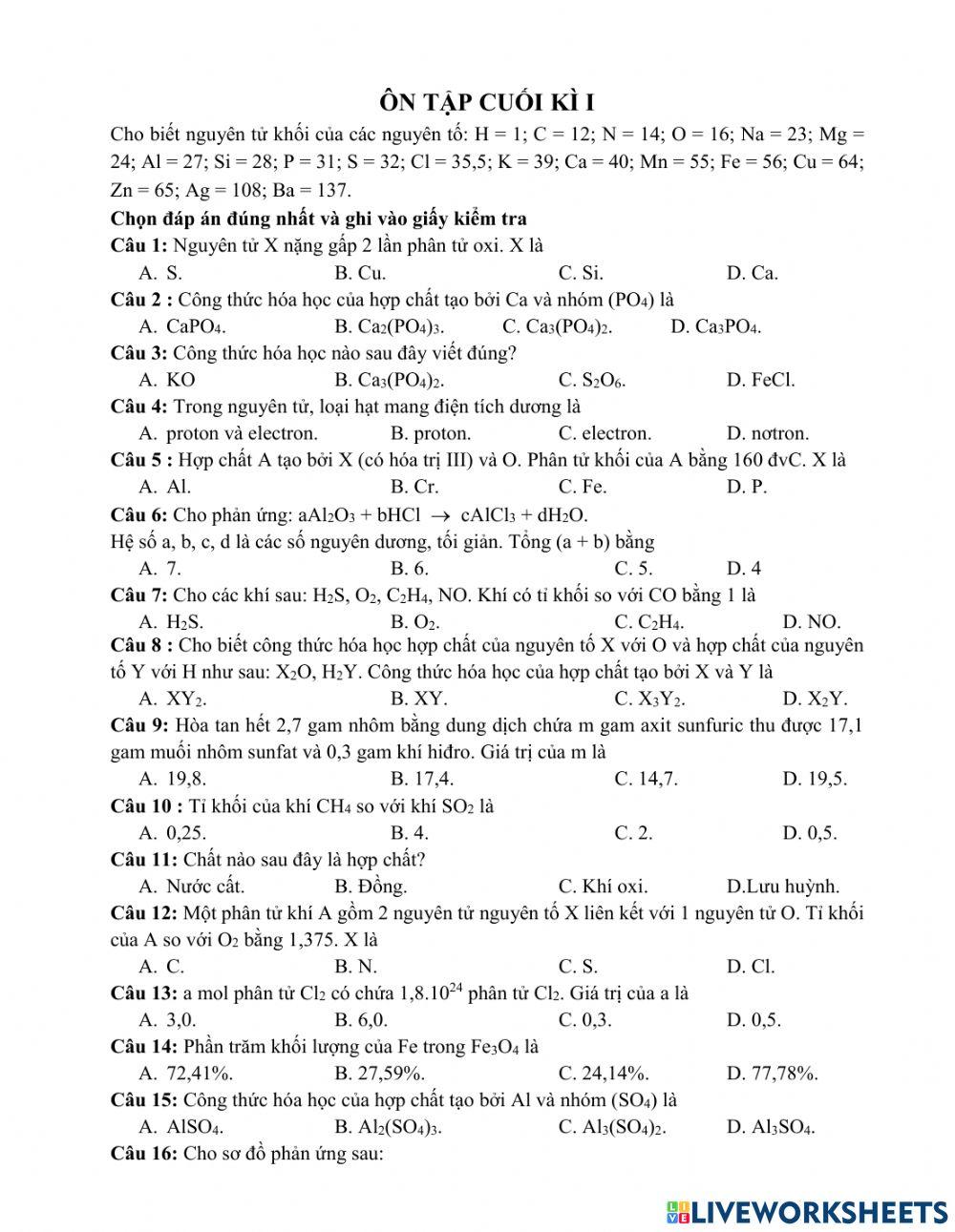 Ôn tập cuối kì I - Hóa 8