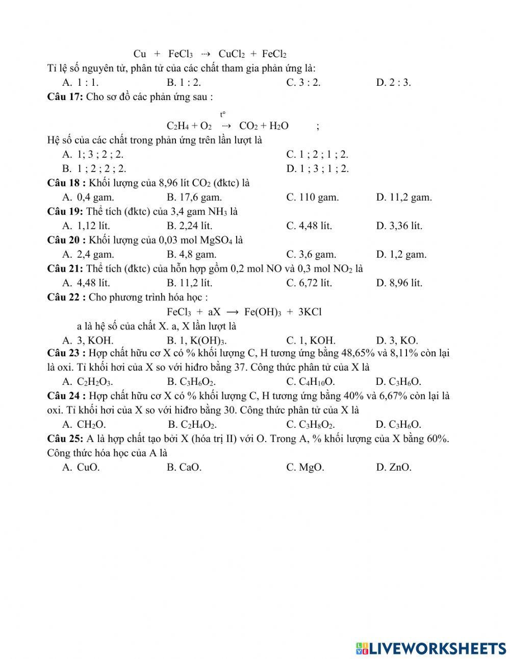 Ôn tập cuối kì I - Hóa 8