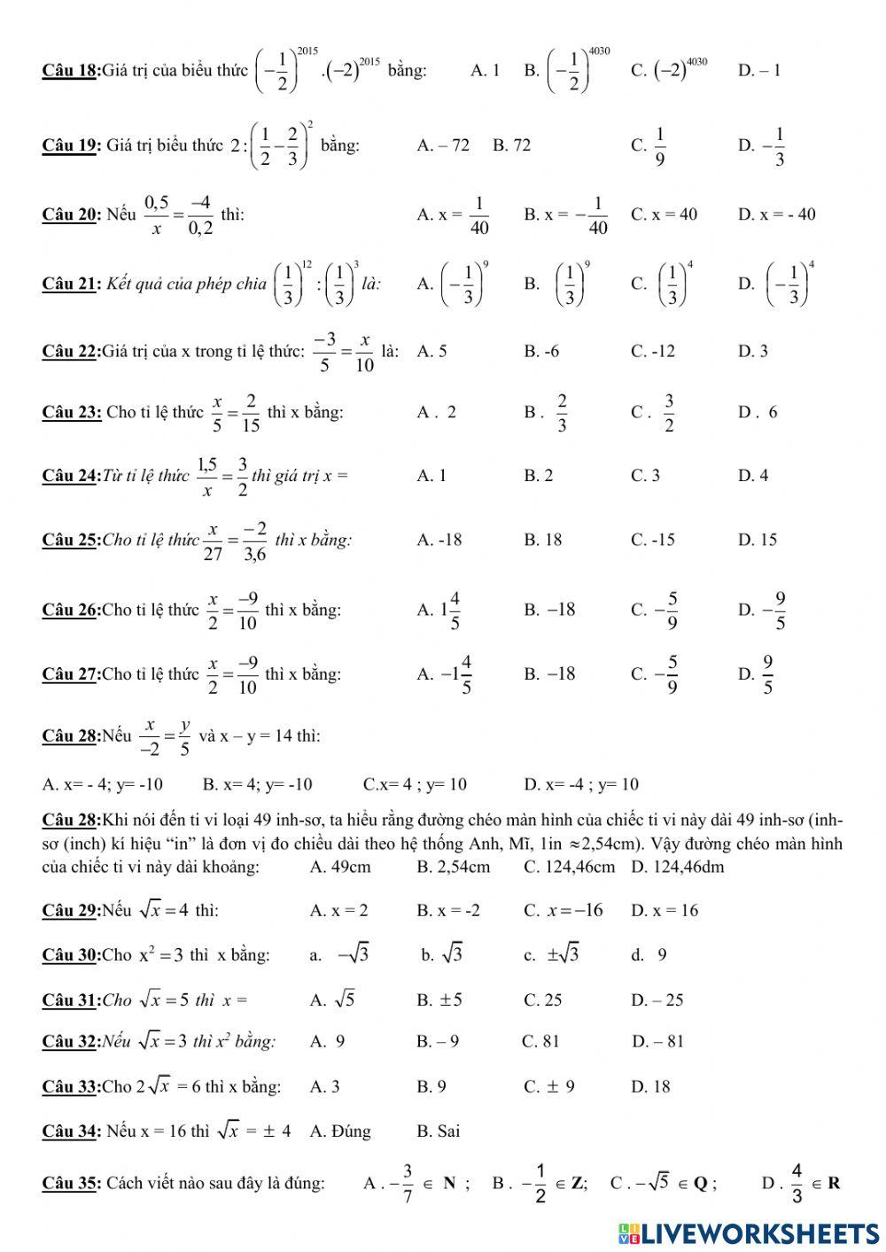 Trắc nghiệm HK1 Toán 7 Tổng hợp