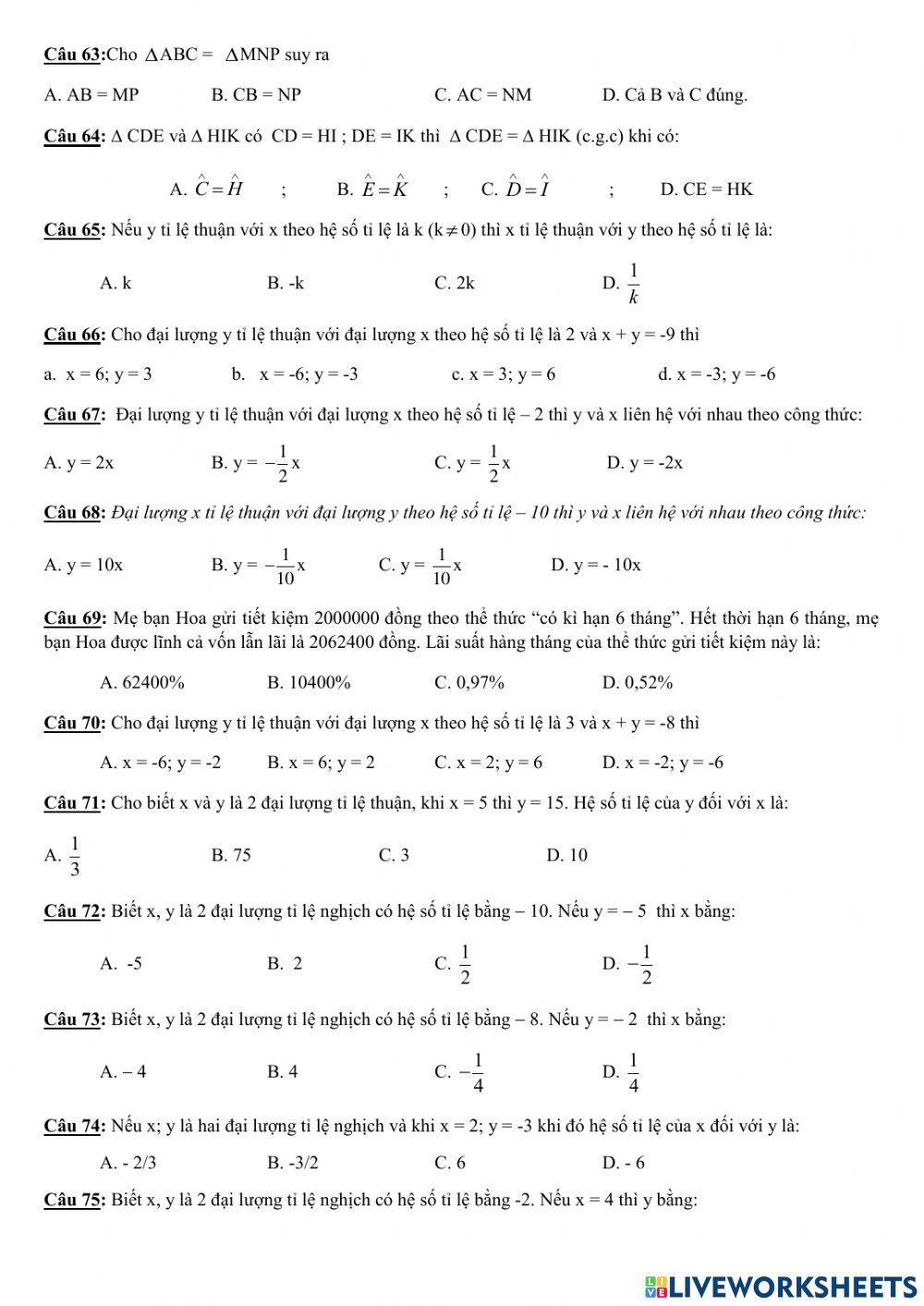 Trắc nghiệm HK1 Toán 7 Tổng hợp