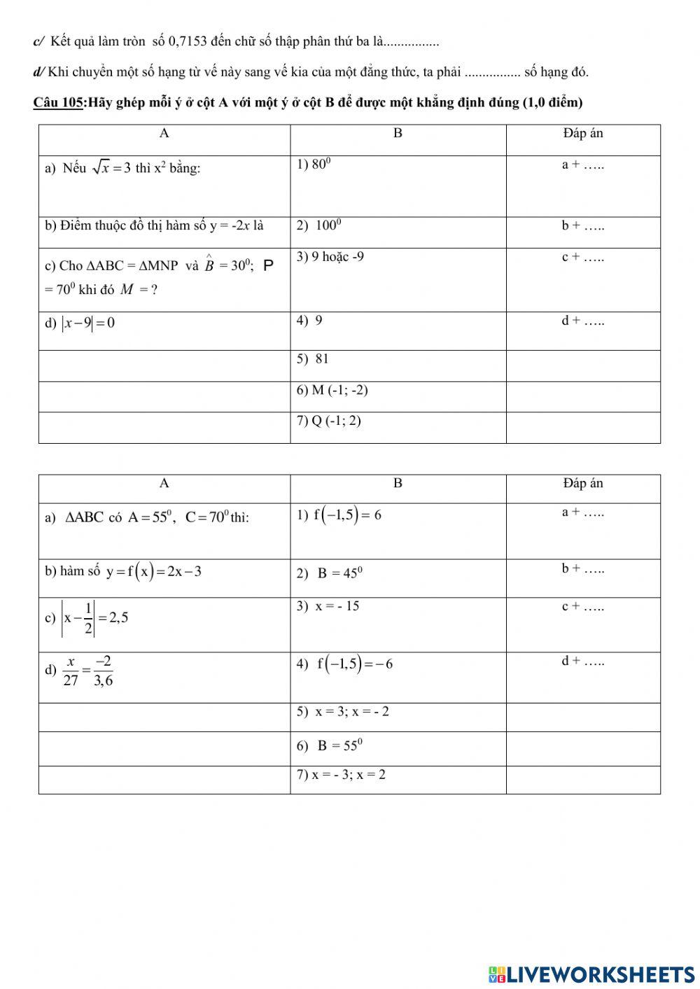 Trắc nghiệm HK1 Toán 7 Tổng hợp